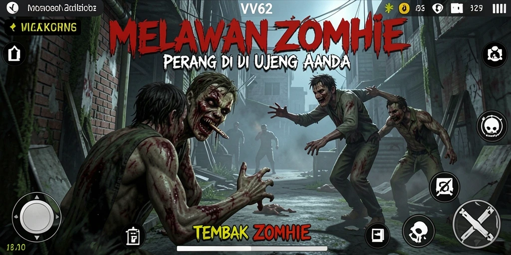 Antarmuka permainan VV62 yang interaktif dan penuh aksi tembak zombie.